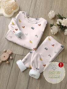 SHEIN Leap Crew 男婴休闲卡通汽车图案修身长袖圆领保暖裤，适合秋冬季穿着。 - 彩色 - 查看 1