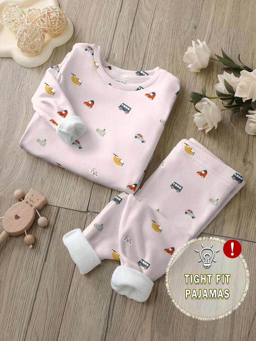 SHEIN Leap Crew 男婴休闲卡通汽车图案修身长袖圆领保暖裤，适合秋冬季穿着。 - 彩色 - 查看 1