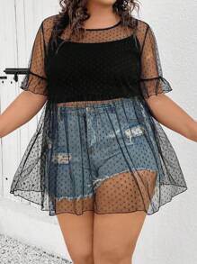 SHEIN CURVE+ Women's Plus Size Black Sheer Mesh Perspective Cover Up Top For Music Festival - Black - View 6