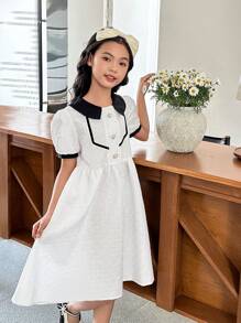 SHEIN Preteen Girls' Sweet Office Textured Fabric Collared Dress - White - View 3