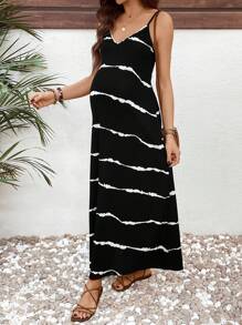 Boho Mama Maternity Striped Long Casual Sleeveless Dress - Black - View 6