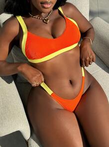 Swim SPRTY Women's Neon Orange Contrast Color Activewear Bikini Set, For Summer Beach Vacation - Multicolor - View 2