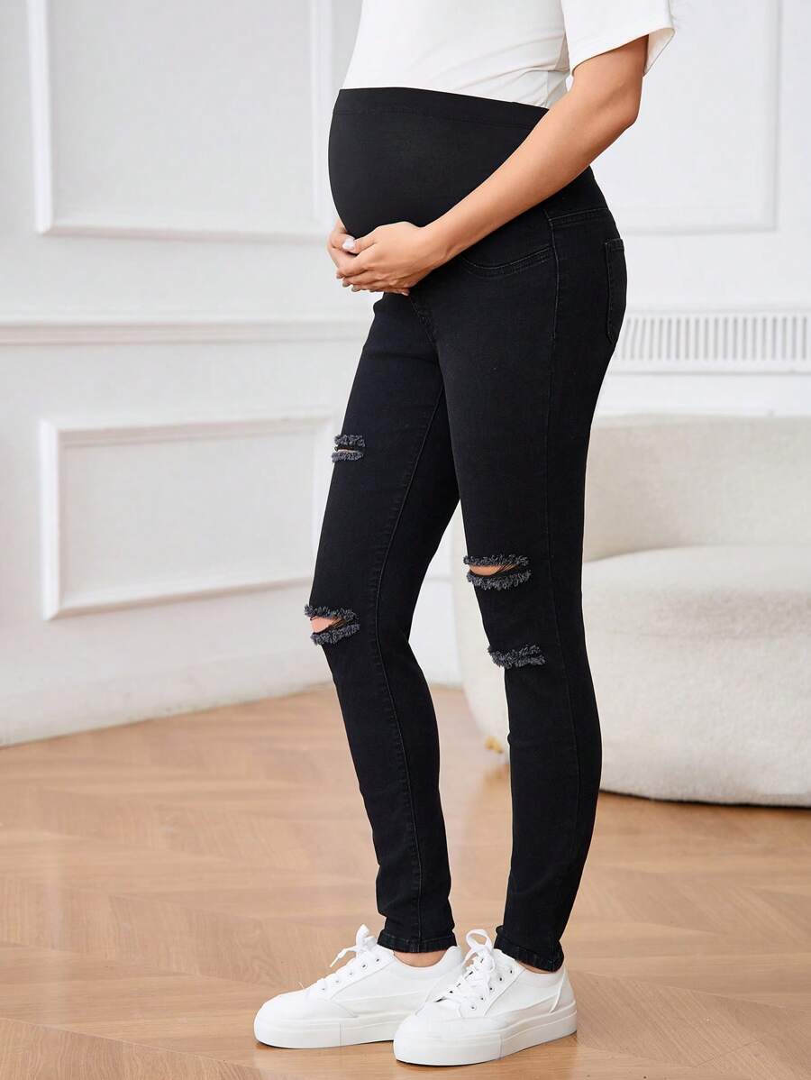 SHEIN Adjustable Waist Maternity Ripped Distressed Skinny Jeans - Black - View 1