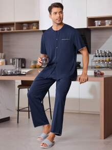 CoupledUp 1 Set Men Solid Color Casual Round Neck Open Front Single Pocket Short Sleeve Pants Pajamas - Navy Blue - View 4