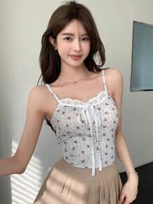Women's Lace Panel Spaghetti Strap Minimalist Casual Top, Everyday Wear Floral Tank Tops,Boho Tops - White - View 3