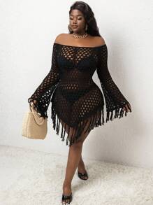 SHEIN Slayr CURVE Vestido capa de punto con hombros descubiertos y flecos de talla grande para el verano