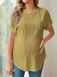 SHEIN Maternity Round Neck Short Sleeve Long Loose T-Shirt, Suitable For Casual Wear In Summer - Mustard Yellow - View 5