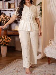 大码彩色波尔卡圆点印花短袖休闲上衣和长裤睡衣套装