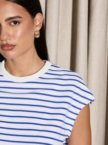 AiiRZ 航海条纹背心，无袖前系带短款夏季海滩休闲结饰混纺弹力时尚背心 - 藍白色 - 查看 4