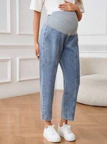 SHEIN 孕妇拼布口袋简约孕妇牛仔裤，休闲日常穿着女士夏季 - 淺色水洗藍 - 查看 5