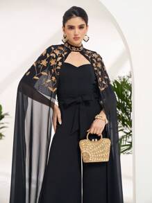 Al Najma Women's Floral Embroidery Mesh Patchwork Wide Leg Jumpsuit - Black - View 5