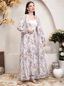 Mulvari 2pcs/Set Women Botanical Print Long Sleeve Robe & Pants Set - Multicolor - View 5