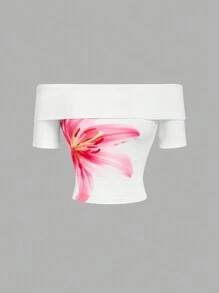 SHEIN MOD T-shirt blanc élégant avec décoration florale positionnée, T-shirt sexy, T-shirt romantique, T-shirt pour sortir, vêtement de plage, tenue pour la Saint-Valentin, tenue de vacances
