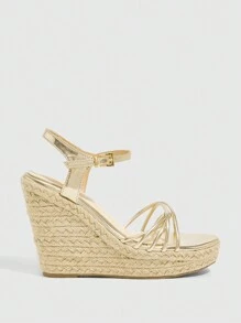 CUCCOO SZL Women's Fashion Gold Thin Strap Ankle Wrap Raffia Rope Platform Wedge Sandals, For Commuting, Dating, Party, Holiday - Gold - View 3