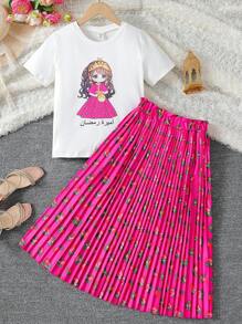 Tween Girl' 女童简约渐变玫瑰复古印花褶皱连衣裙和两件套节日装 - 彩色 - 查看 3