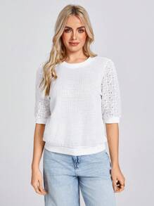 Wildy 女士休闲刺绣泡泡袖华夫格 T 恤，优雅度假和户外穿着