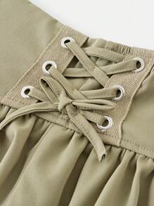 SHEIN Girlism Chân váy hai lớp dáng suông cho bé gái, có bèo nhún ở gấu và dây buộc bên hông, rất phù hợp để mặc thường ngày, đi học vào mùa thu và đông, mẹ và con gái có thể mặc ton sur ton, chị em gái có thể mặc ton sur ton. - màu xanh lá - Xem 3