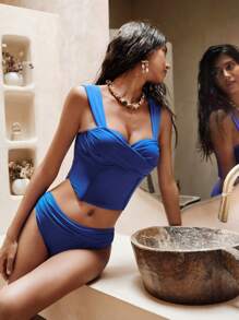 Anewsta Ensemble tankini casual froncé de couleur unie pour femme, pour les vacances d'été à la plage