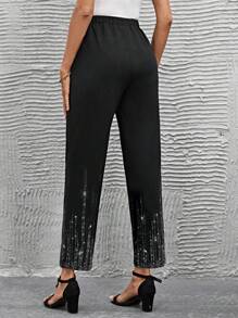 SHEIN LUNE Women's Sequined Digital Print Black Pants - Black - View 3