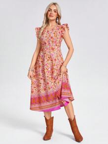 Wildy 夏季浪漫花卉印花前开长裙，乡村度假风格，荷叶边袖，粉色，适合情人节 - 粉色 - 查看 1