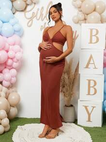 Loomaby Kobiety w ciąży Jednolity kolor talii wycięcie seksowna obcisła sukienka na ramiączkach na baby shower party - Rdzawy brązowy - Zobacz 4