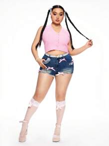 ROMWE Kawaii Plus Size Kawaii Bowknot Lace Trimmed Denim Shorts