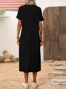 SHEIN LUNE 女士休闲豹纹蝴蝶结开衩下摆短袖中长连衣裙，基本款日常穿着春夏 - 黑色 - 查看 2