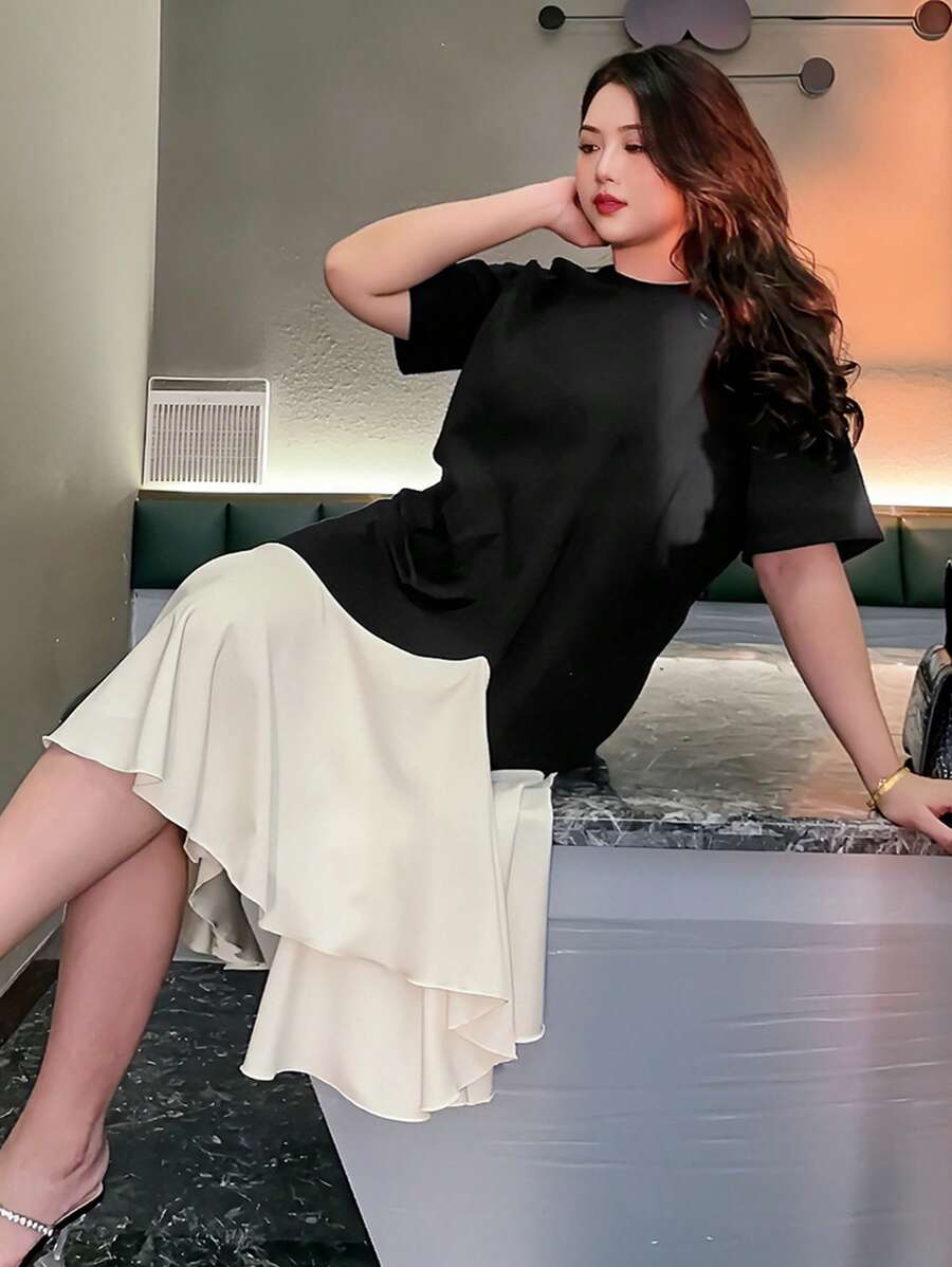 Dazy Petite Plus 加大码圆领宽松拼色中长连衣裙，黑色，春夏太阳裙，休闲女装 - 黑色 - 查看 1