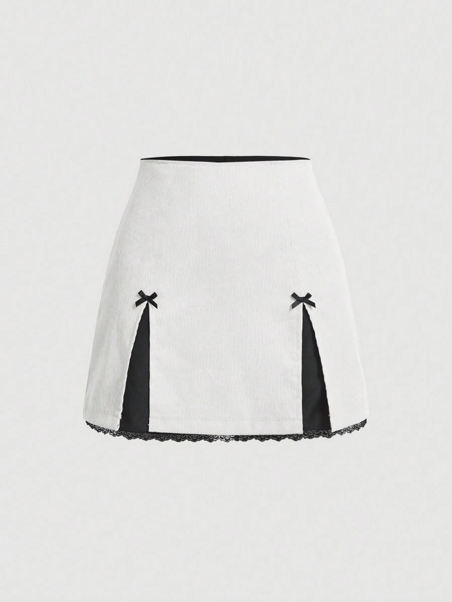 SHEIN MOD Women Solid Color Patchwork Bowknot Decor Casual Mini Skirt - White - View 1