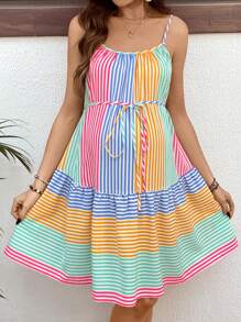 SHEIN Váy ngắn thường ngày sọc nhiều màu cho bà bầu - Nhiều màu - Xem 7