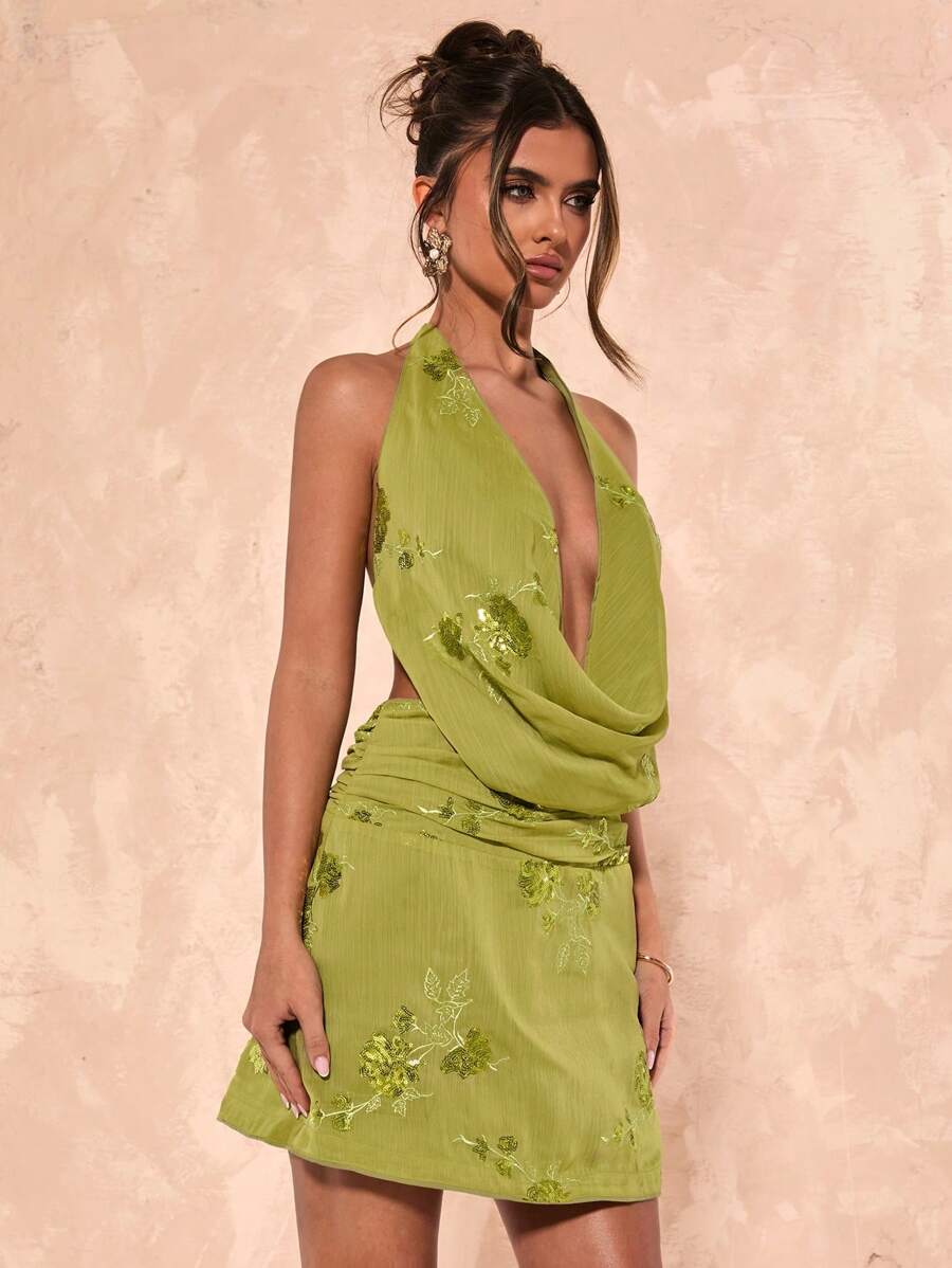 SHEIN BAE Vestido deslizante sexy con escote pronunciado y bordado floral para mujer, ideal para playa, vacaciones, resort y primavera