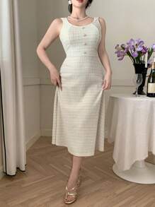 DAZY U领无袖格子长连衣裙，女士舞会礼服，吊带裙，休闲女装，优雅女装 - 米色 - 查看 4