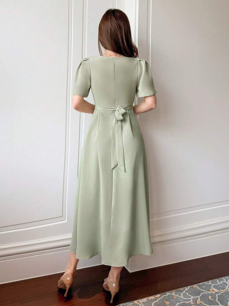 Vestido elegante de verano de media pantorrilla con cuello cuadrado y mangas cortas para mujer, vestidos formales para mujer en Pascua