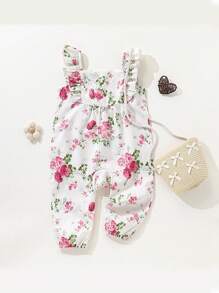 SHEIN Playful Pals 女嬰花卉印花荷葉領無袖連身褲，適合春夏季外出、度假與日常穿著，秋季適用 - 杏色 - 查看 1
