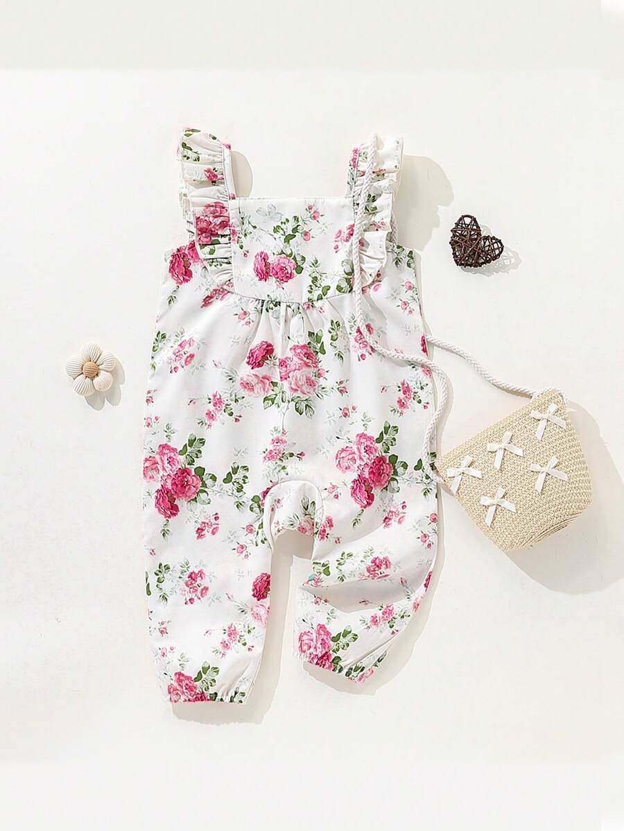 SHEIN Playful Pals 女嬰花卉印花荷葉領無袖連身褲,適合春夏季外出、度假與日常穿著,秋季適用 - 杏色 - 查看 1