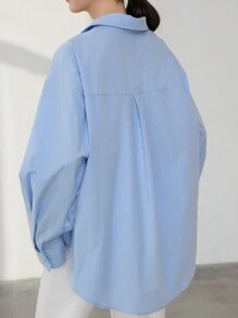 Dazy-Less Minimalist Asymmetric Button Design Solid Color Casual Long Sleeve Women Shirt,Fall Women Clothes Business Casual Woman Work Clothes - Blue - View 5
