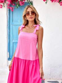 SHEIN VCAY Women's Woven Color Blocking Camisole Dress With Flared Dress Spring And Summer Outfits, Summer Clothes, Valentine's Day, Vacation Outfits Woman, Beach Outfits For Woman, Festival, Romantic And Elegant Clothing, Bohemian, BOHO, Sweet, Rave Outfits Festival, Tropical Vacation Woman Clothes, Carnival - Multicolor - View 3