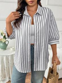 SHEIN Frenchy Plus Size Casual Loose Striped Shirt, Spring/Summer - Black and White - View 3