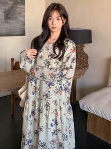 FRIFUL Đầm linen họa tiết hoa nhí cho nữ, thời trang mùa xuân, đầm tay dài mùa thu, trang phục đi nghỉ mát, phong cách boho. - Nhiều màu - Xem 4