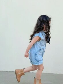 Bộ đồ liền quần jean ngắn hàng ngày cho bé gái ngoài trời nhẹ nhàng, vừa vặn thoải mái và cài nút phía trước, túi phẳng ở phía trước và đường may bên hông, vải thoải mái, cổ điển và thời trang - Rửa nhẹ - Xem 5