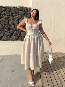 Sunnyshic Plus Size Women Elegant Cream Woven Bodycon Camisole Dress With Short Cap Sleeves, Tie Neck, Midi Length - Apricot - View 6