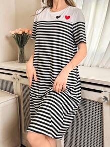 Women Short Sleeve Striped Heart Print Nightgown - Multicolor - View 4
