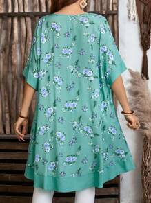 EMERY ROSE 大码女式花卉印花拼布长衬衫 - 薄荷綠 - 查看 4