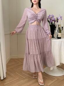 DAZY 2pcs Set Bohemian Style V-Neck Drawstring Blouse And Elastic Waist Mid-Length Skirt