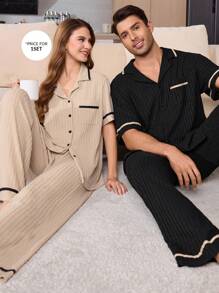 Men's Contrasting Edge Chest Pocket Solid Color Casual Turndown Collar Short Sleeve Pajama Set - Black - View 4