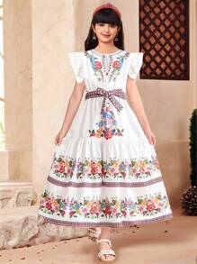 SHEIN Leap Crew Tween Girls Floral Retro Print Ruffle Trim Cap Sleeve Dress, Vacation Dress, Suitable For Garden Tea, Spring Outing And Vacation - White - View 1