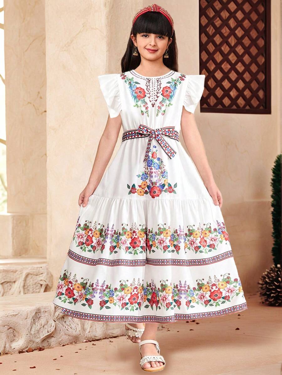 SHEIN Leap Crew Tween Girls Floral Retro Print Ruffle Trim Cap Sleeve Dress, Vacation Dress, Suitable For Garden Tea, Spring Outing And Vacation - White - View 1