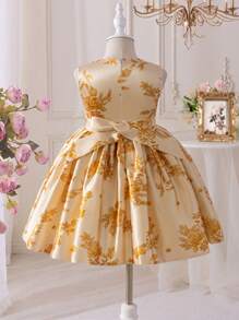 SHEIN Glamorique Kids 四季女孩派对礼服，香槟色，腰部蝴蝶结，优雅宴会舞会礼服 - 香檳色 - 查看 2