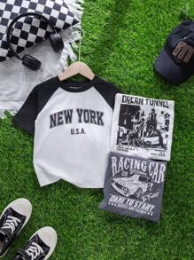 SHEIN Leap Crew Bộ 3 áo thun ngắn tay cổ tròn phối màu, kiểu dáng đường phố, giá cả phải chăng dành cho bé trai, phù hợp đi làm, đi học, mặc hàng ngày, chơi thể thao, mùa xuân/hè. - Đen và trắng - Xem 5