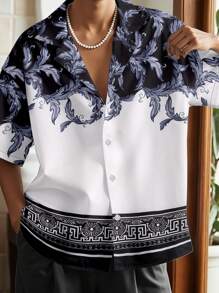 Manfinity Chillmode 男士花卉印花短袖休闲度假衬衫 - 黑與白 - 查看 1